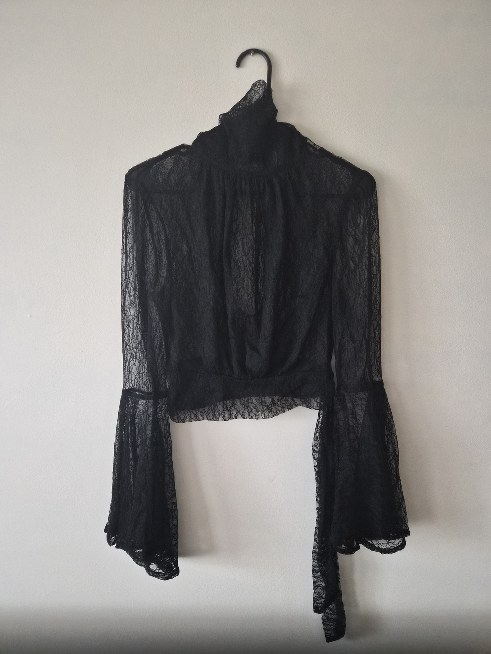 Sheer Black Lace High-Neck Bell Sleeve Top